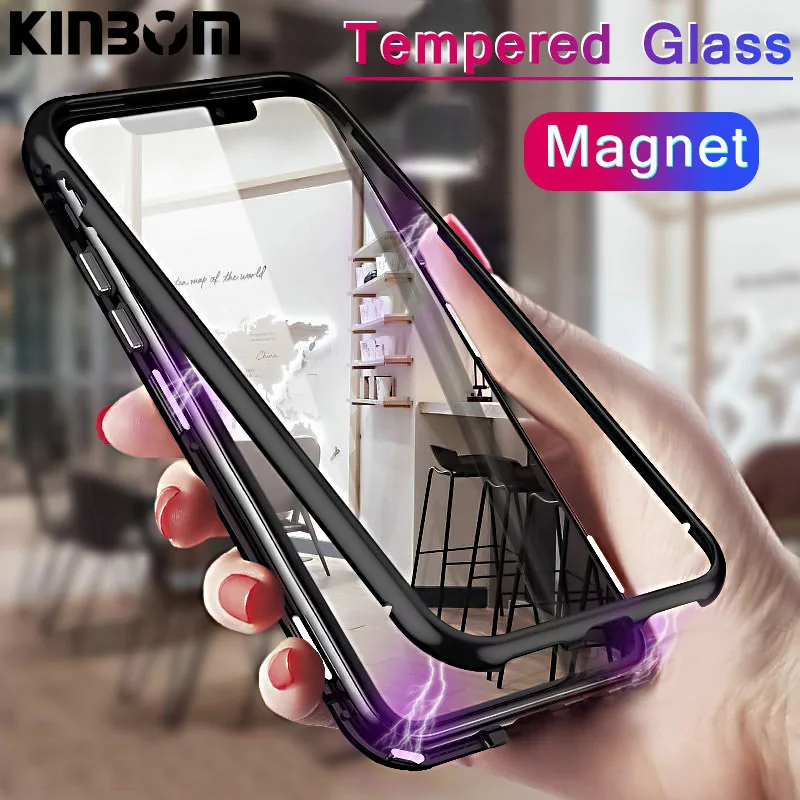 

KINBOM Ultra Magnetic Adsorption Metal Case For iPhone XR XS XSMAX X 7 8 Plus 6 6S Plus Tempered Glass Back Magnet Cover Case
