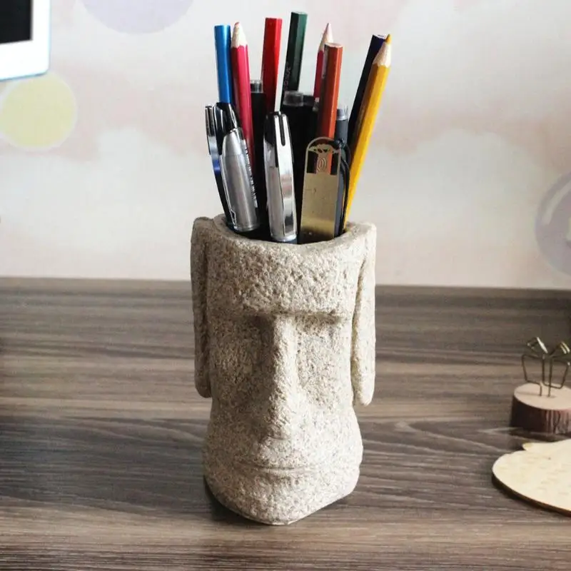 

Round Pen Holder Sandstone Easter Island Moai Desktop Decor Figurine Ancient Statue Pencil Container Desk Organizer Table Decor
