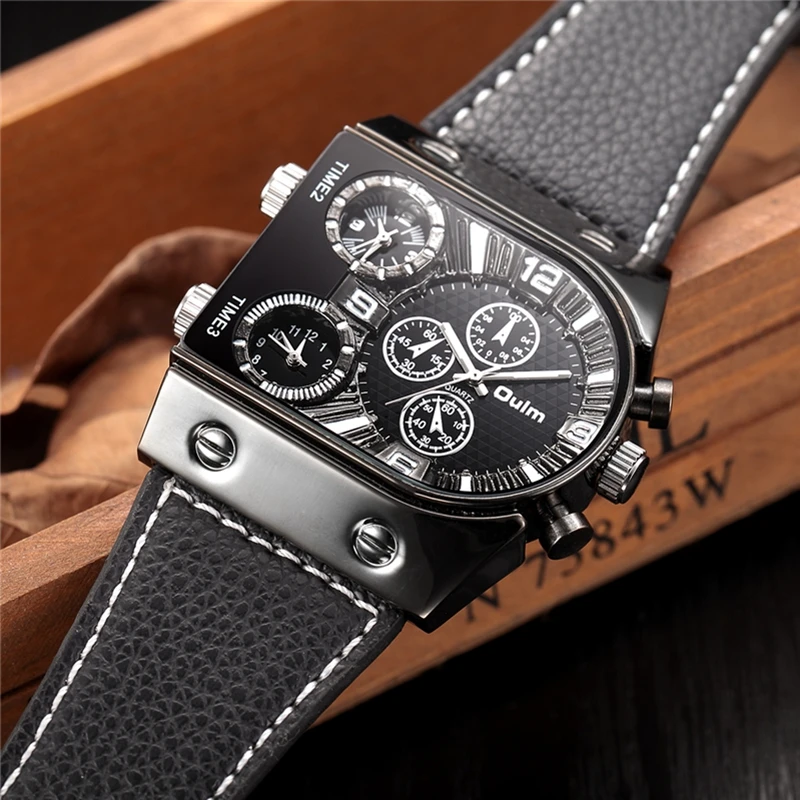 Oulm Men's Watches Mens Quartz Casual Leather Strap Wristwatch Sports Man Multi-Time Zone Military 