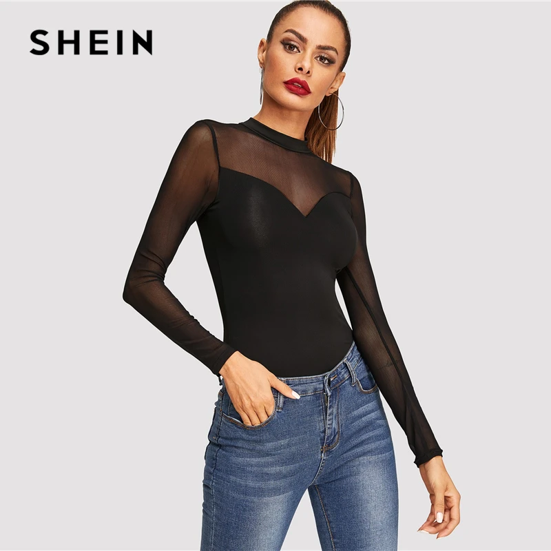 SHEIN Контрастная Прозрачная Приталенная Футболка Одежда Для Офиса С Длинным Рукавом Повседневная Элегантная Блузка