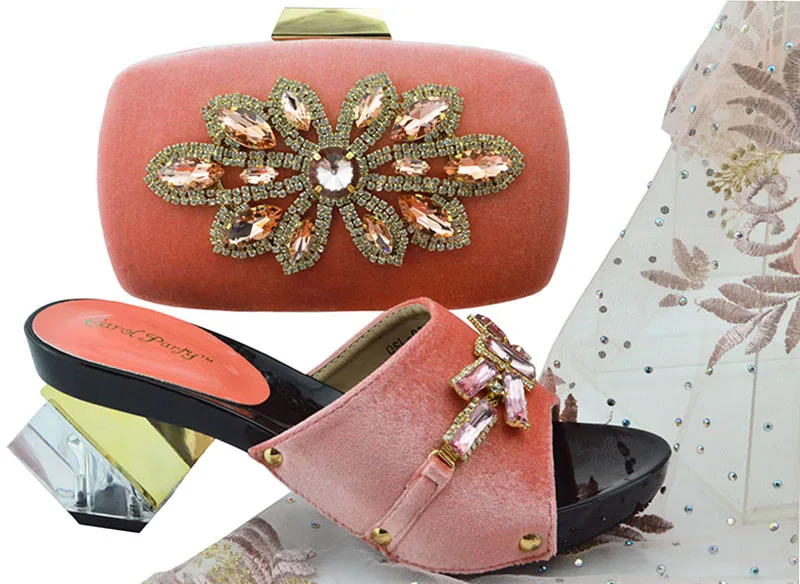 

Newest peach High Quality Fashion Rhinestone Woman Shoes And Bags Set European Strange style Shoes And Bags Set For Party