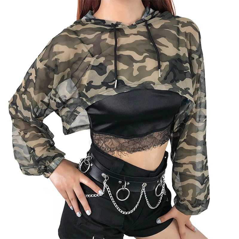 Women's Hoodie Camouflage Mesh Hollowed Out Irregular Umbilical Womens Hoodies Pullover Sweatshirt Streetwear Women Clothes New