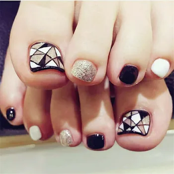 

Simple 24pcs/set Summer black and white stripes style finished false nail girl,Cute toe full Nail tips patch,Art Tool bride