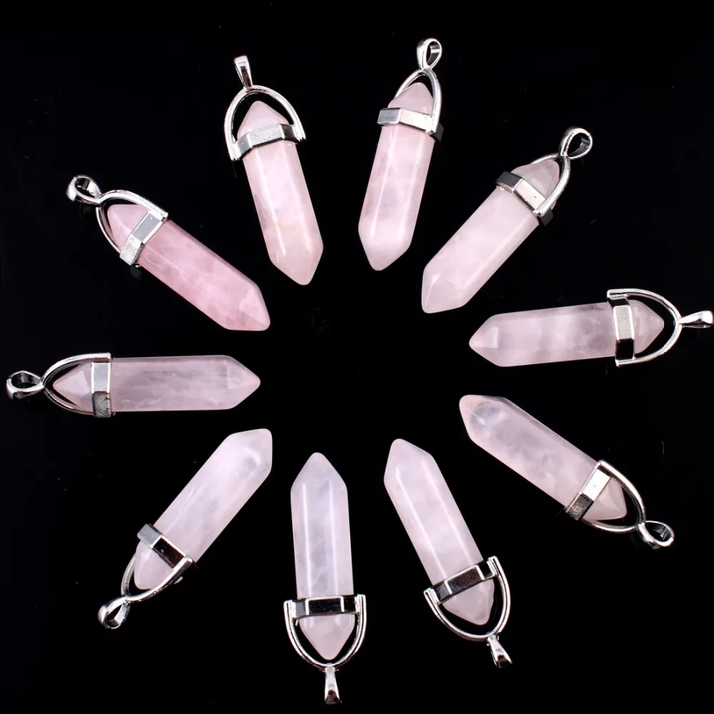 

10pcs Rose quartze Natural Mixed Gems Stone Point Hexagonal Pink Crystal Jewelry Accessories Statement Women Necklaces Pendants