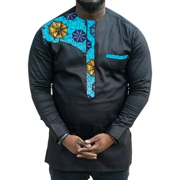 

African Print Men's Shirt Dashiki Ankara Clothes Fashion Print Mix Black Shirt Patchwork Male Long Sleeve Tops