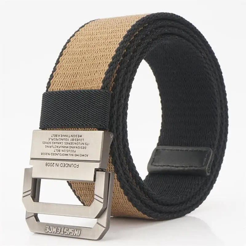 Khaki black side BOKADIAO мужские и женские холщовые пояса Роскошные двойные кольца металлические пряжки джинсы ремни для мужчин военный армейский тактический пояс хлопок мужской ремень - Цвет: Khaki black side
