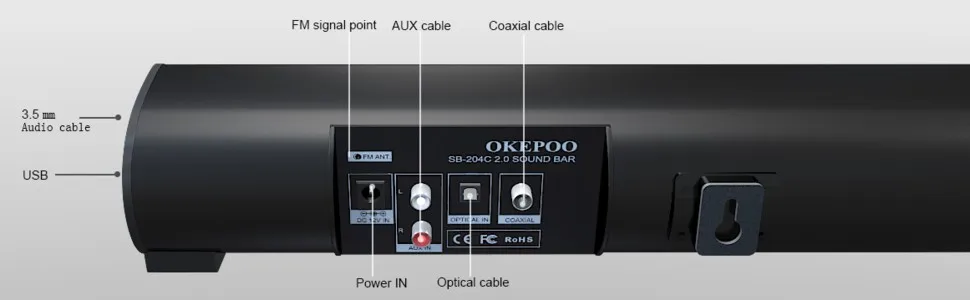 OKEPOO Bluetooth ТВ Саундбар 29,5 ''2,0 канальный аудио стерео 40 Вт Оптический RCA 3D объемный домашний кинотеатр система настенное крепление
