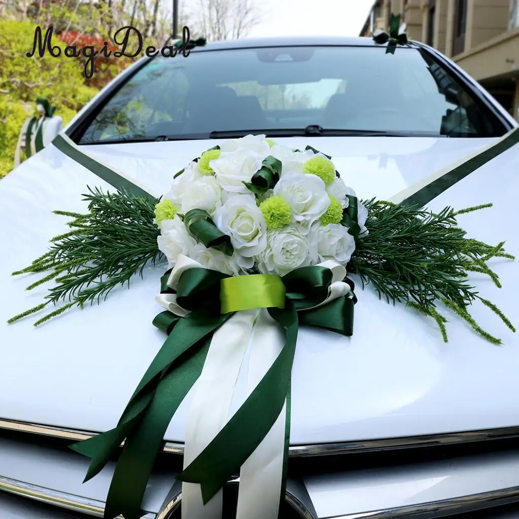 MagiDeal 12pcs/Set Wedding Car Decorations Kit DIY Artificial Silk Flower Ribbon Bows Car Roof Door Mirror Wedding Supplier