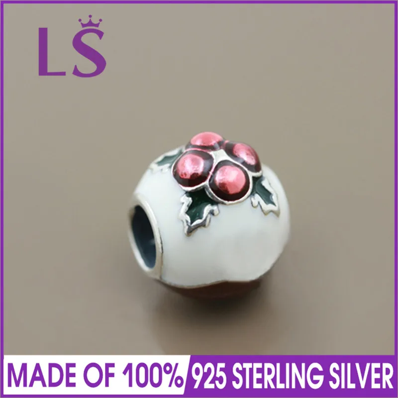 

LS 100% Real 925 Silver Christmas pudding Charm with colours Fit Original Bracelets Bangles Pulseira Encantos Beads DIY Jewelry