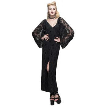 

Punk Women's Deep V-neck Party Dresses Skull Printing Split Long Dresses Gothic Black Lace Maxi Dress Batwing Sleeve Dress