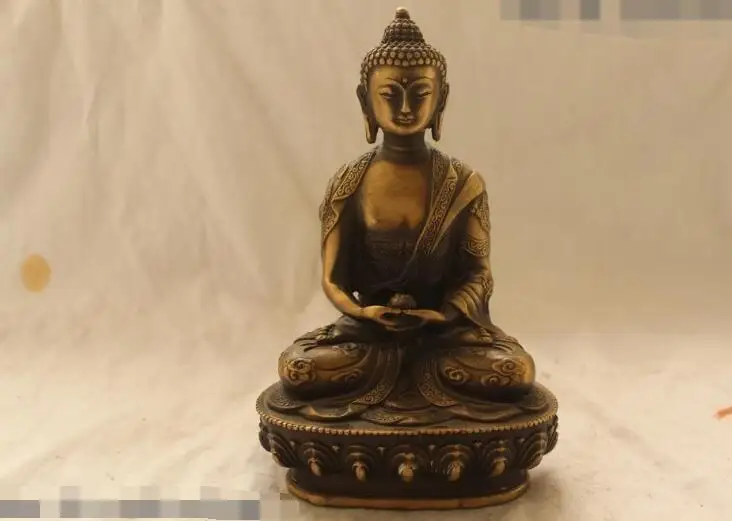 

S3449 9"Chinese Buddhism Folk Bronze carved Lucky Dragon sakyamuni Buddha Statue