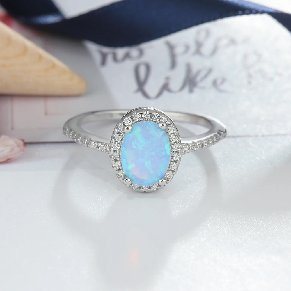 925 Sterling Silver Blue Opal Ring For Women Valentine's Day Gift