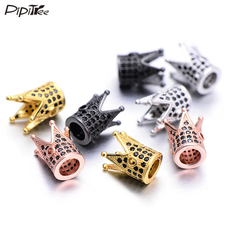 

Pipitree Wholesale 10pcs /lot Black Zircon Crown Beads fit Charm Bracelet Pendant DIY CZ Spacer Beads Jewelry Making Charms