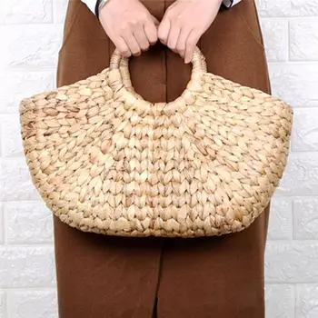 

CHUWUJU Hand-Woven Semi-circle Bag Straw Picnic Storage Bag