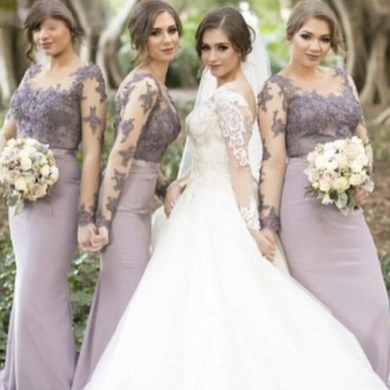 

Charming Sexy Mermaid Illusion Appliques Lace Inexpensive vestido de festa longo Long Sleeve Purple Bridesmaid Dresses