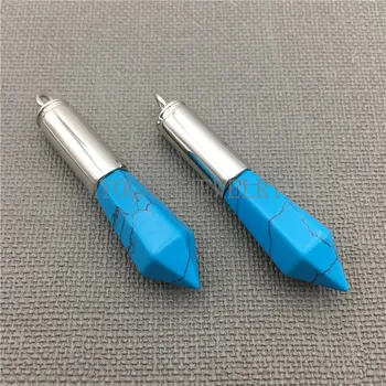 

MY0274 Blue Howlite Spike Point Pendant with Large Silver Color Cap and Bail,Natural Stone Pillar Pendant for Necklace Making