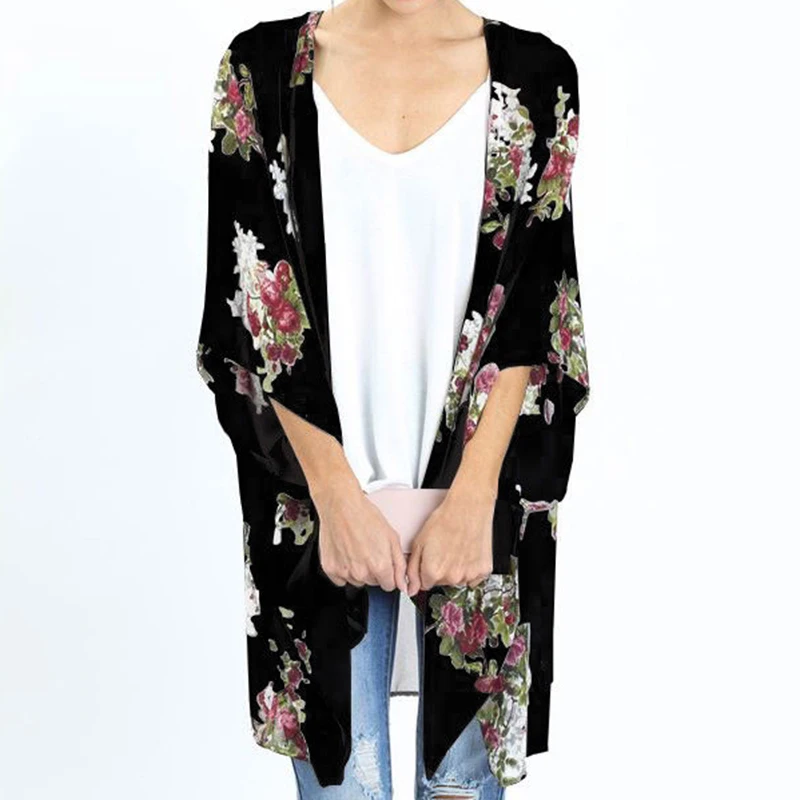 Women Boho Floral Loose Blouse Open Stitch Tops Shirt Floral Print Chiffon Cardigan Kimono Summer Beachwear Black Gray Blusas