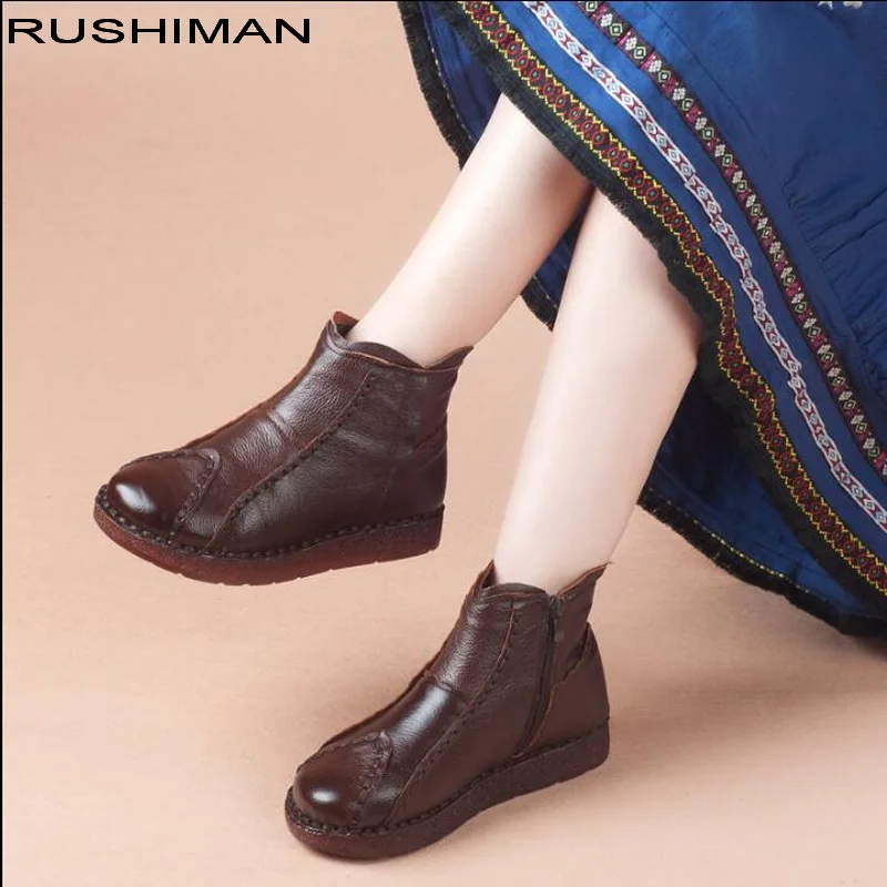 

RUSHIMAN 2021 Fashion Handmade Boots Women Genuine Leather Ankle Boots Flat Real cowhide Casual Mom Women Shoes