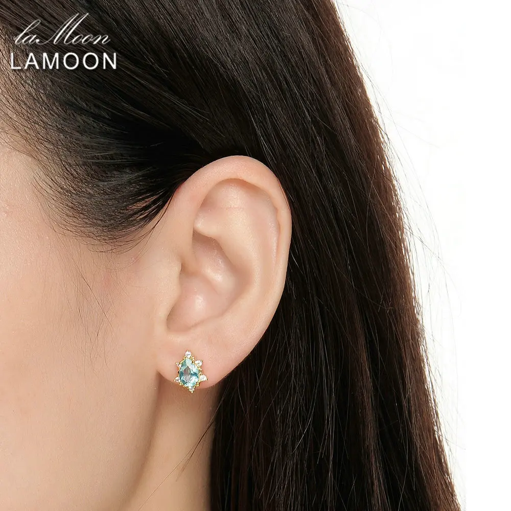 LAMOON 5x7mm 2ct 100% Natural Pear Cut Blue Apatite 925 sterling silver jewelry Stud Earring S925 LMEI048