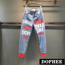 Новинка весны и на осень, Джинсовые штаны с буквенным принтом с высокой талией с принтом свободные штаны-шаровары, в студенческом стиле, для отдыха джинсовые брюки