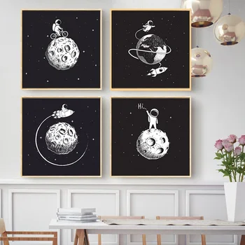 

Cartoon Moon Universe Home Decor Wall Art Nordic Canvas Painting Print Bedroom Living Room Black W Minimalist Modern Picture