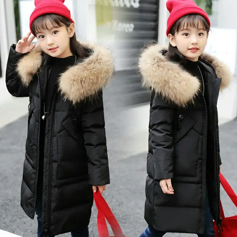 

Girls Long Section Thickening Large Fur Collar White Duck Down Jacket