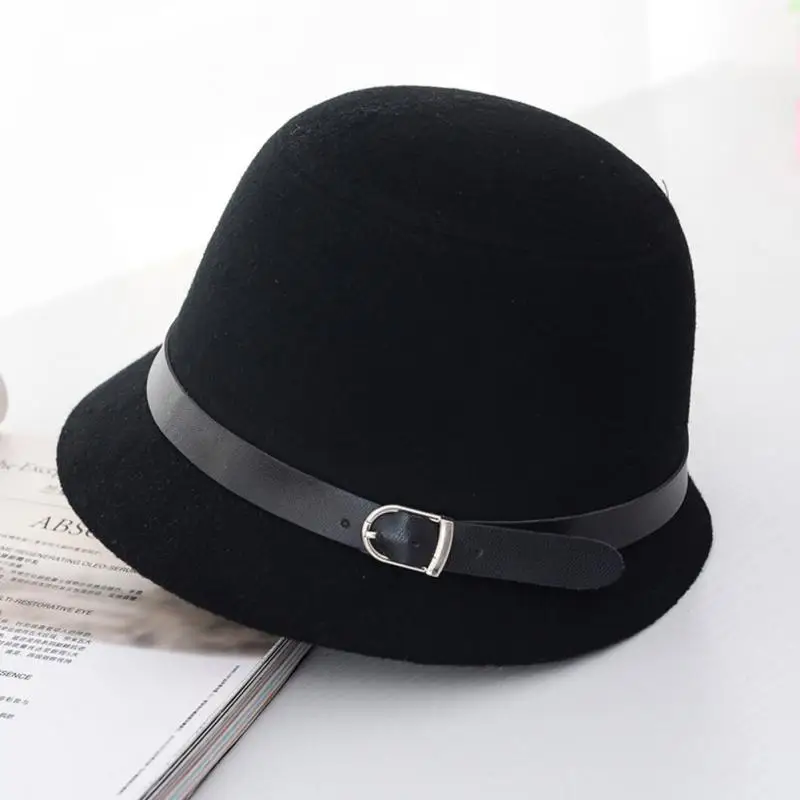 

New Women Dome Wide Round Woolen Blend Equestrian Hat Bucket Belt Decorated Bowler Autumn summer Cap