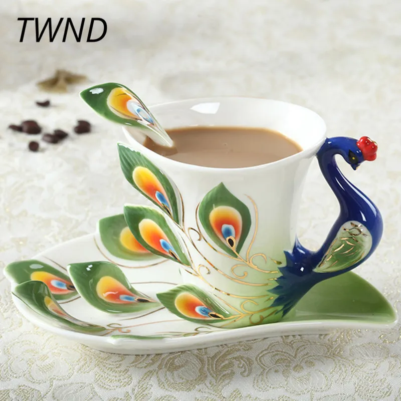 cheap Enamel Peacock Coffee Mugs Procelain Tea Cups and Mugs with Saucer Spoon Sets Creative Drinkware