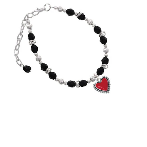Silvertone Red Heart with Beaded Border Black Beaded Bracelet