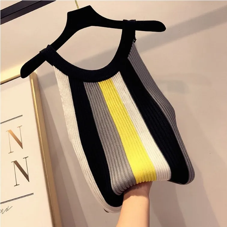 Summer Round Neck Color Striped Knit Vest Strapless Sexy Sling Slim Sleeveless Shirt T-shirt Wear