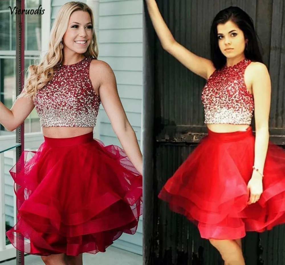 

Two Piece Red Short Homecoming Dresses Sequins Tulle Tiered Ruffles A-line Party Dresses