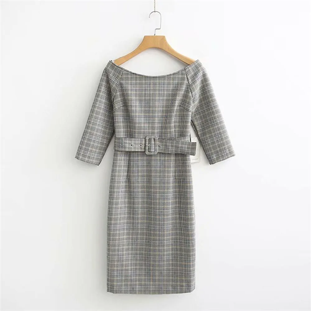 

Apperloth Women Elegant Ladies Plaid Midi Dress with Belt Autumn Half Sleeve Slash Neck A line Dress Office Wear Party Vestidos