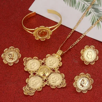 

Ethiopian Big Cross Jewelry Set Women Men Gold Color Jewelry Africa Coin Cross Eritrea Habesha Set