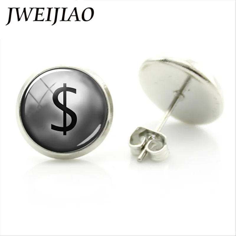 Womens 925 Sterling Silver Cubic Zirconia Dollar Sign Rhodium Stud Earrings