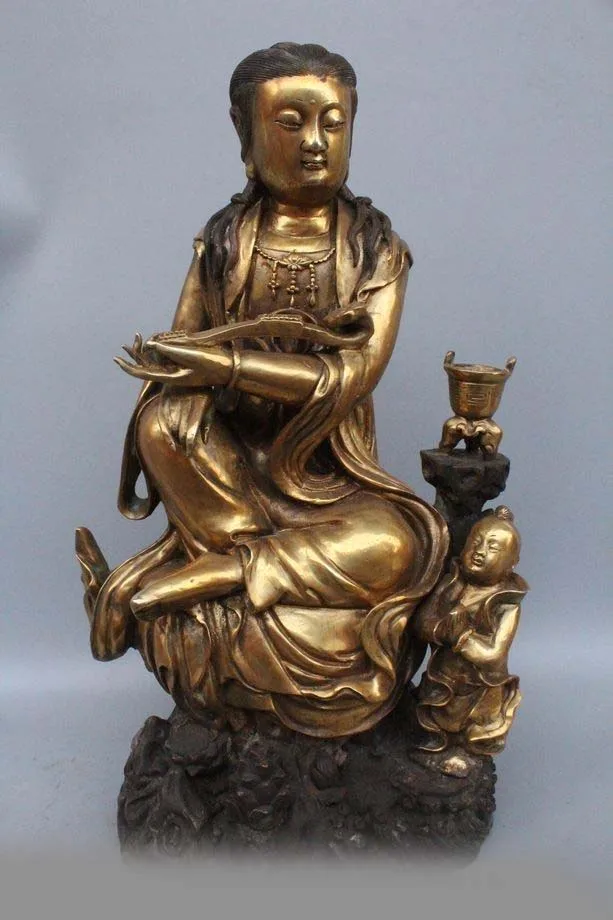 

16" Chinese Buddhism Bronze Gild Seat Kwan-yin Guan Yin Goddess Boy Ru Yi Statue