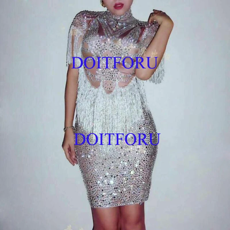 Sparkly Crystals Big Stretch Dress Women's Evening Party Wear Full Rhinestones Tassel Dress Prom Birthday Celebrate Outfit (5)