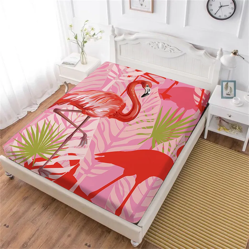 Animal Pink Red Flamingo Print Bed Sheets Twin Full King Queen Fitted Sheet Soft Mattress Cover Elastic Band Home Textile D25 | Дом и сад