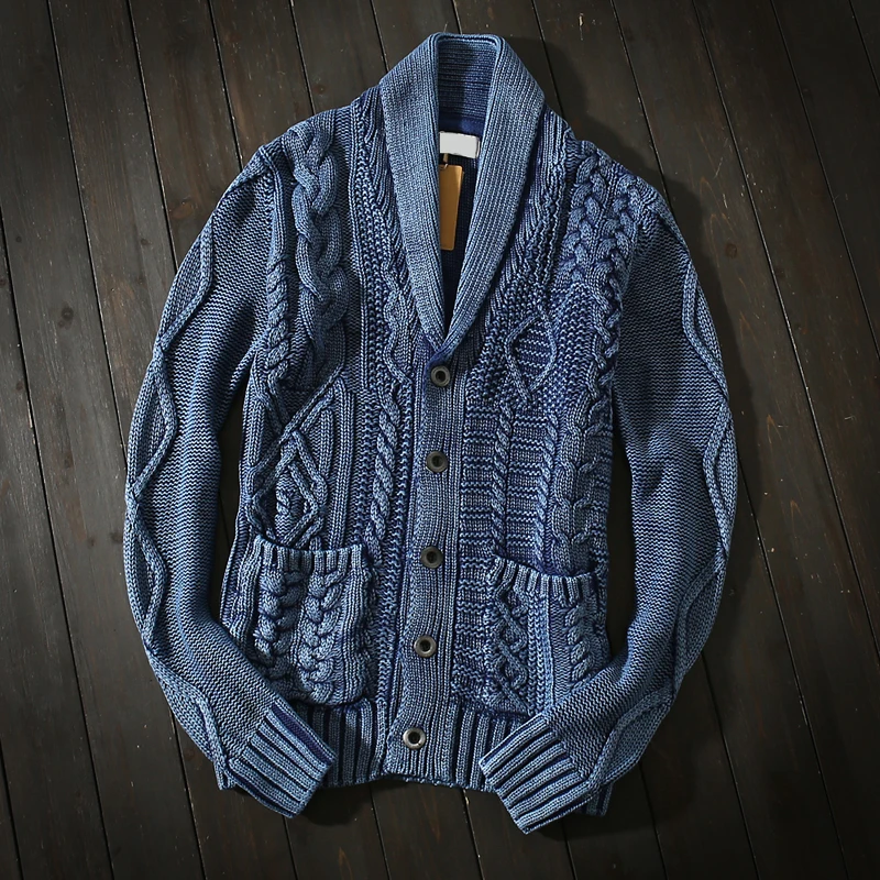 

Vintage Washed Knitted Sweater Men Autumn Winter Thick Shawl Collar Sweatercoat Blue Vintage