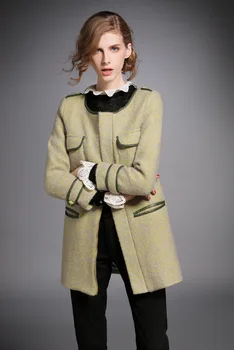 

Women casual o-neck pockets woolen slim coat outerwear