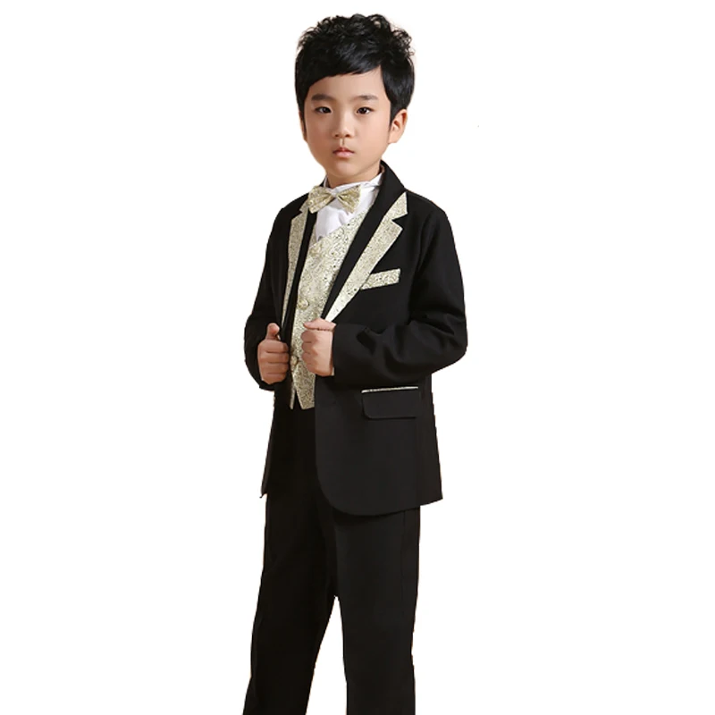 Black and Gold Wedding Suits for Baby Boys Formal Dress 6PCS Clothing