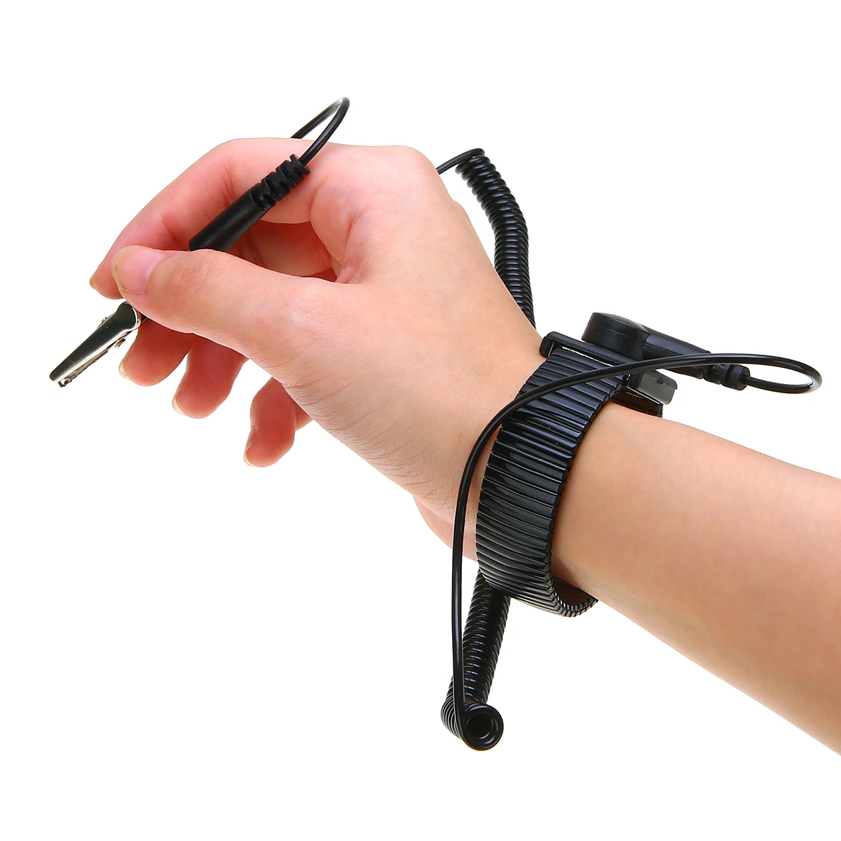 Black Metal Ring Anti Static Ground Wrist Strap Band ESD Discharge Cord Wire Cable Metal Bracelet with Alligator Clip
