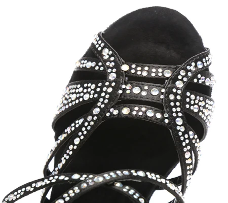WUXIJIAO/Обувь для латинских танцев; женские новые лазерные стразы; атласная обувь для сальсы; вечерние туфли для бальных танцев; бронзовая обувь на высоком каблуке 9 см - Цвет: black heel 6CM