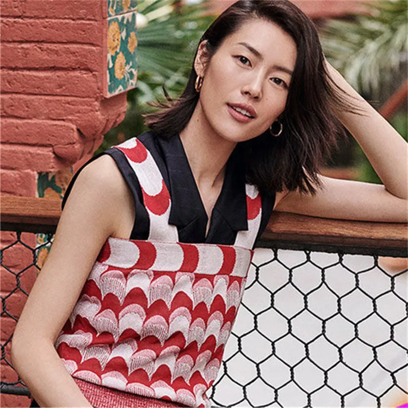 

2019 Summer Runway Two-tone Knitte Jacquard Sexy Fashion Dress Women Elegant Party Sleeveless Square Collar Party Midi Dresses