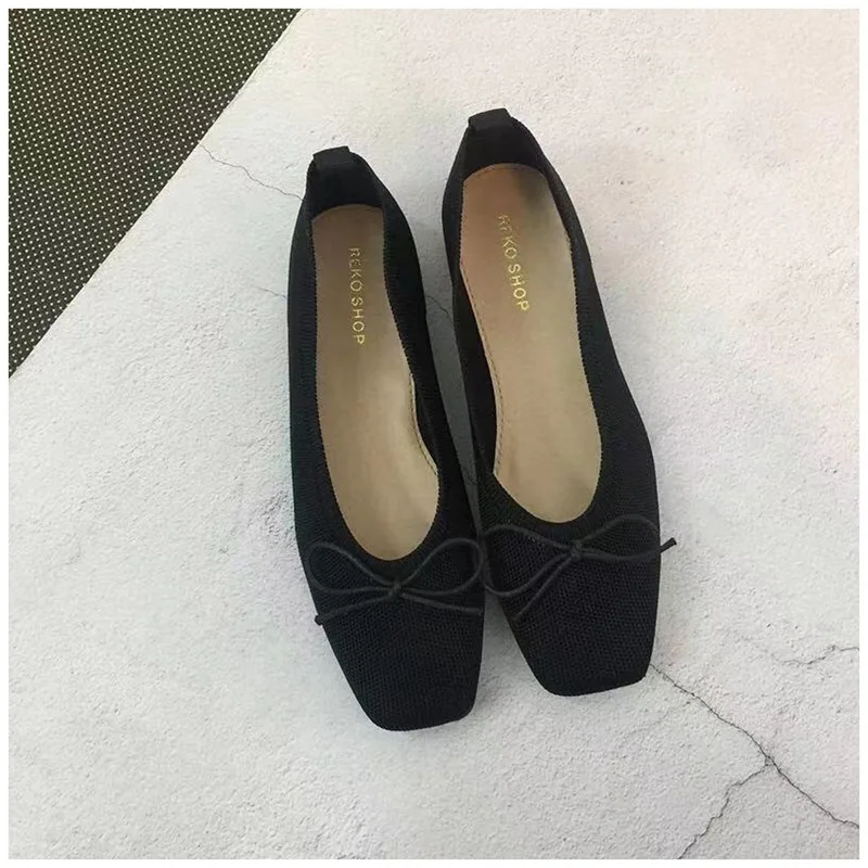 Black Bowknot Женские балетки на плоской подошве; дышащие вязаные Мокасины с квадратным носком; Разноцветные балетки на плоской подошве с узлом-бабочкой - Цвет: Black Bowknot