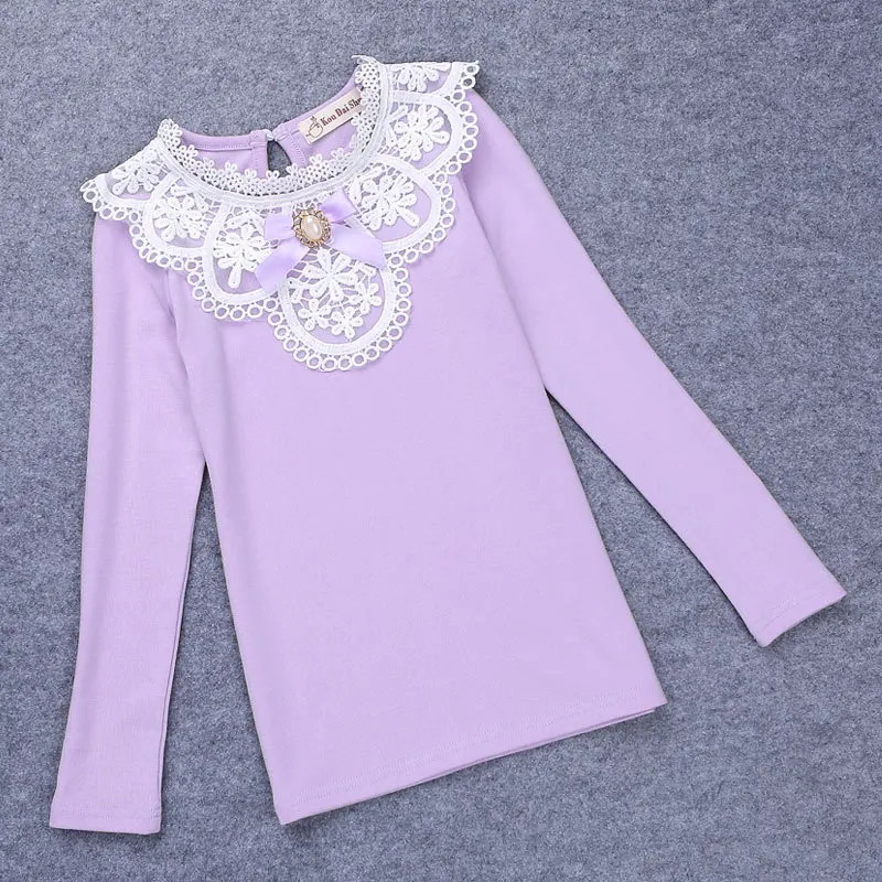 Spring Winter Girls White Blouses Shirts Fashion Autumn Warm Long Sleeve Lace Shirt Cotton Flower Student School Clothes