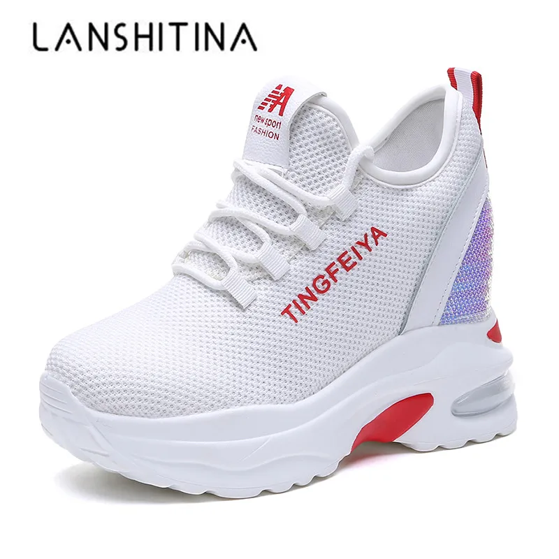 

New Women High Platform Shoes 2019 Summer Breathable Mesh Shoes Women Height Increasing Pumps 9 CM Thick Sole Bling White Shoes