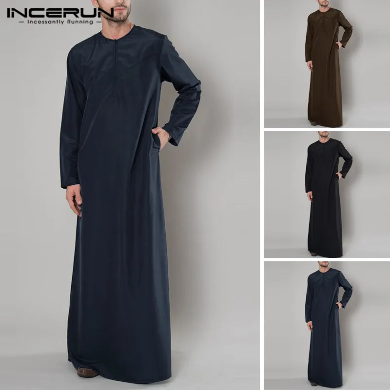

INCERUN 2019 Muslim Men's Solid Color Long Robe Arabian Islamic Long Sleeve Saudi Arabia Middle Eastern Robe Men Jubba Thobe 5XL