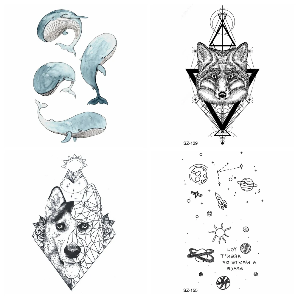 

New Black Triangle Fox Tattoo Stickers Paper Dolphin Cartoon Kids Temporary Tattoo Cover Dog Whale Waterproof Men Tatoos Paste