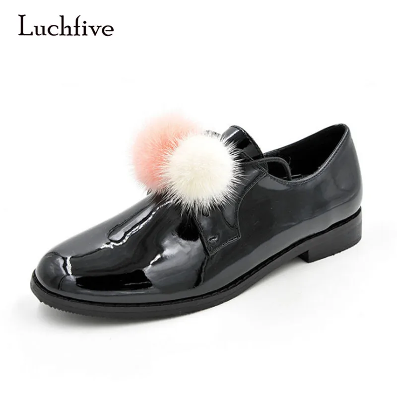 

Luchfive Shiny Patent Leather Women Shoes Round Toe Lace Up Pompoms Hair Ball Casual Shoes Preppy Style Flats
