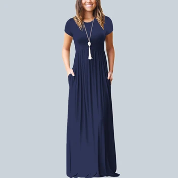 

2019 Summer Solid Color Round Collar Short Sleeve Loose Long Dress Womens Party Night Plus Size Sleeveless Dresses
